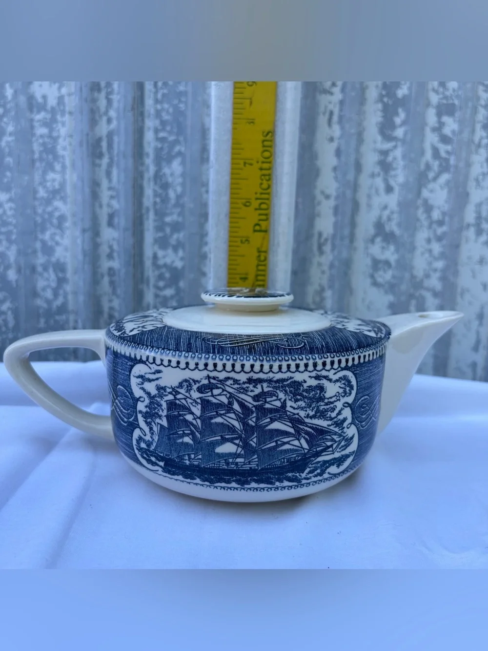 Vintage Royal China Currier & Ives Blue Teapot - Clipper Ship & Lighthouse